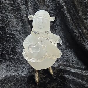 Vintage Frosted Acrylic Snowman Figurine With Pewter Skates
